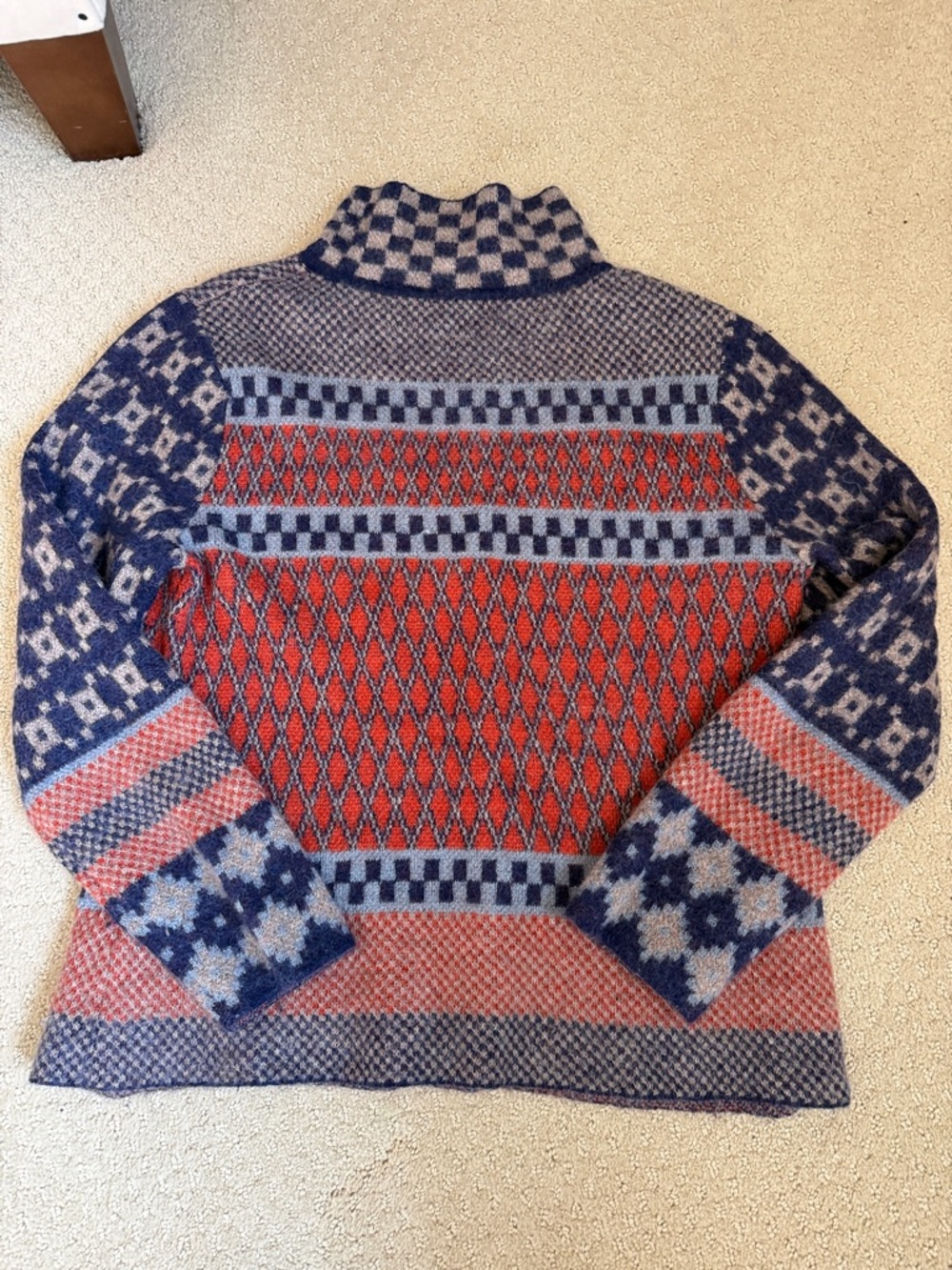 Anntarah  100% Alpaca Muted Red and Blue Patterned mock Turtleneck Sweater - Picture 2 of 3